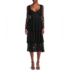 NWT NSR Nikki Lace Long Sleeve Dress Sz S Black Tiered Skirt V-neck